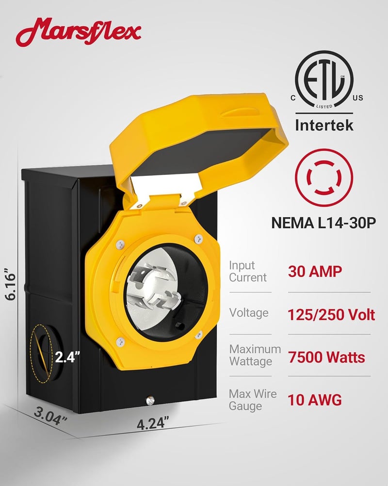 Marsflex 30 Amp Generator Inlet Box, Pre-Drilling NEMA L14-30P Power Inlet Box for 125/250 Volt, 7500 Watts Generator Power Inlet Box, Weatherproof Outdoor Use with LED Power Indicator, ETL Listed - Image 2